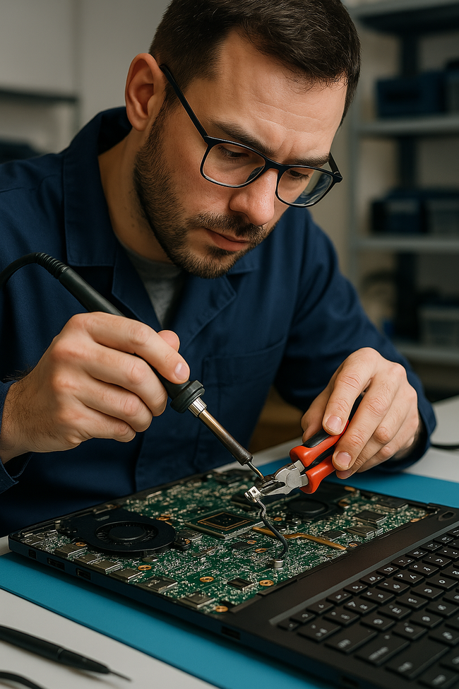 Tecnico specializzato durante sostituzione spinotto alimentazione notebook