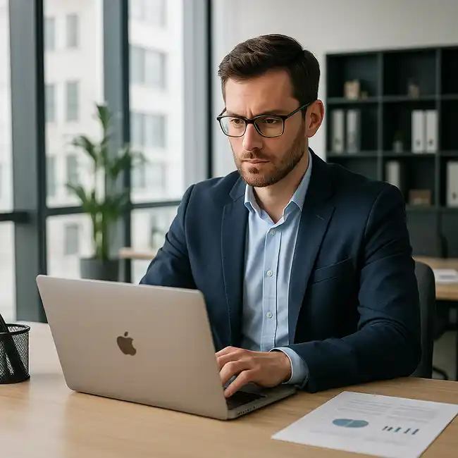Professionista al lavoro con MacBook in ufficio moderno