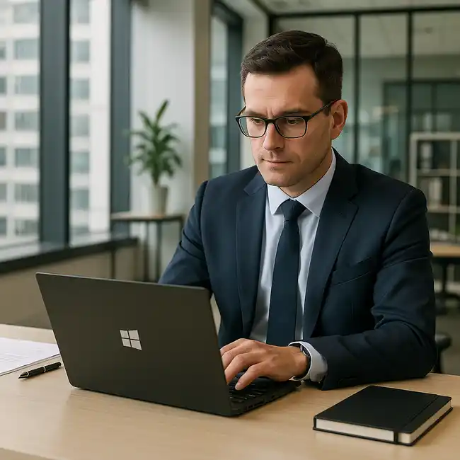 Professionista al lavoro con PC Windows in ambiente aziendale