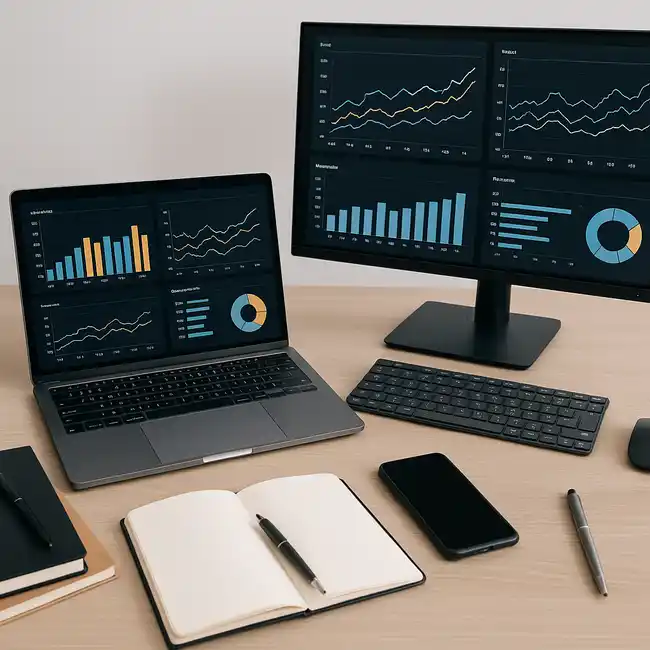 Workspace moderno con strumenti tecnologici per la produttività