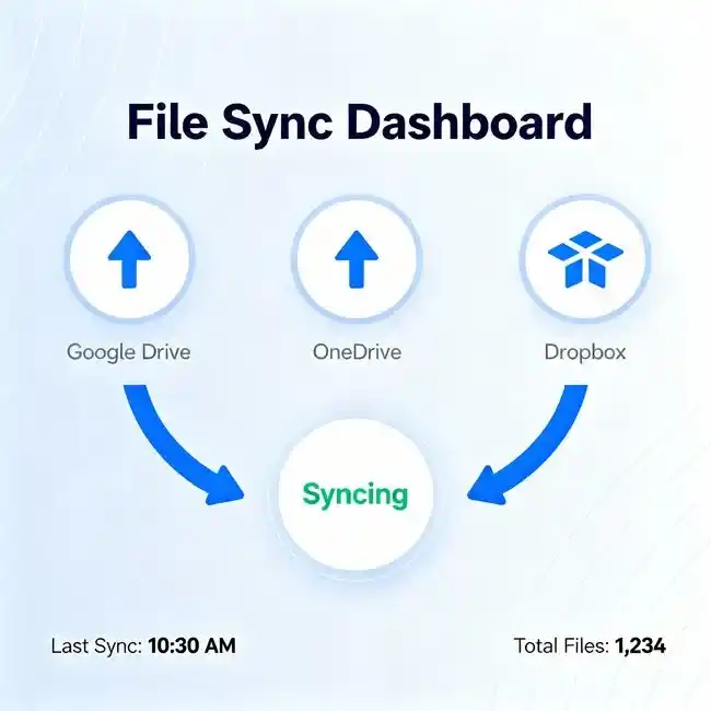 Sincronizzazione File: Questa immagine mostra un'interfaccia moderna e professionale del dashboard per il servizio di sincronizzazione file, con icone cloud e indicatori di stato della sincronizzazione.