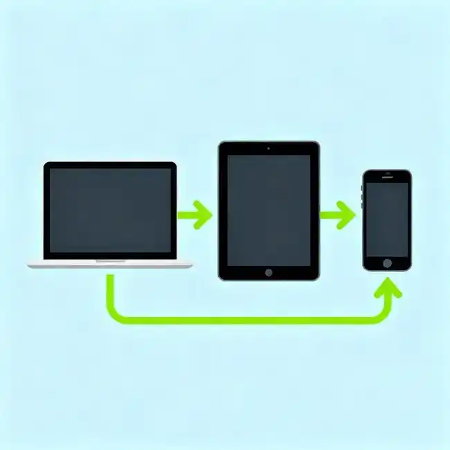 Questa immagine rappresenta visivamente il concetto di sincronizzazione tra diversi dispositivi (laptop, tablet e smartphone) con frecce che mostrano il flusso di dati.